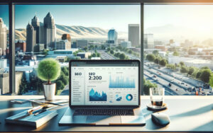 Small business owner in Boise working on a laptop with SEO analytics visible on the screen, in a modern office with a view of Boise's skyline, organized desk with marketing materials, coffee, and a plant.